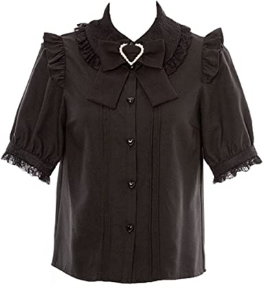 Chemisier Lolita en dentelle à manches courtes bouffantes et col claudine gothique kawaii vintage à volants avec nœud, Noir, 3XL