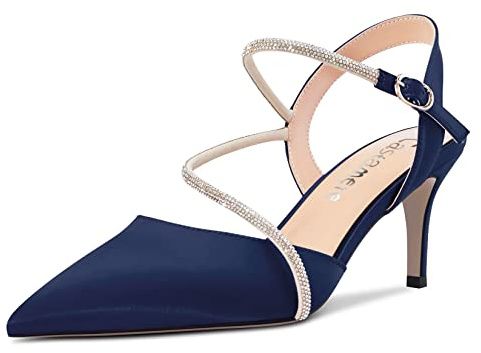 Castamere Donna Medio Spillo Tacco Heel a Punta Cinturino alla Caviglia Sandali Diamante Cristallo 6.5 CM Heels Blu Navy Raso 38 EU