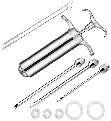 Adems Stainless Steel Meat Injector Syringe with 3 Marinade Injector Needles for BBQ Grill Smoker, 60ml/2-oz Larger Capacity and Multiple Cleaning Brushes
