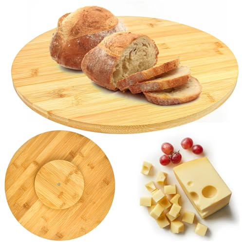 CAREDGO Bandeja de Aperitivos y Queso, Fuente Giratoria de Madera Redonda de 35 cm Plato de Madera de Bambú para Pizza Tabla de Quesos y Embutidos Giratoria 360°Bandeja de Madera para Servir Comida