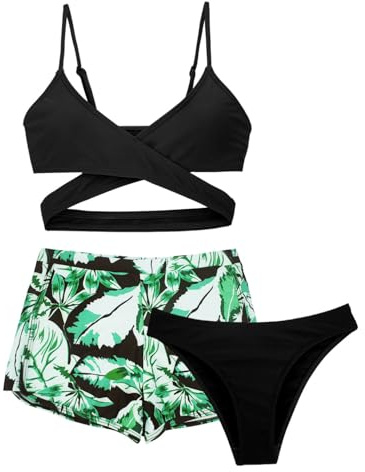 SEAUR Maillot de Bain Fille Ensemble de Bikinis Haut + Slip + Short de Bain 3 Pièces Enfants Fille 8-14 Ans Swimwear Set Natation Plage