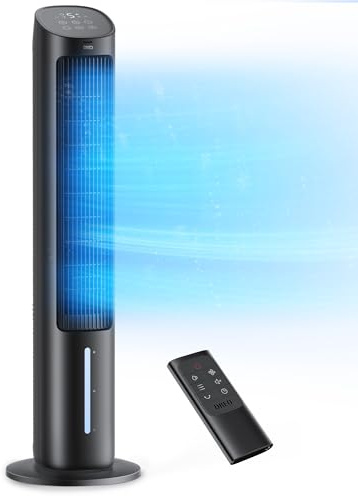 Dreo Evaporative Air Swamp Cooler, 40” Standing Fans that Blow Cold Air, 80° Oscillating Bladeless Cooling Fan for Bedroom, Removable Water Tank, Ice Packs, Remote Control, 4 Speeds, 7H Timer, Black