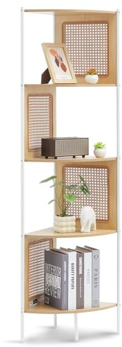 VEVOR Estantería de Esquina de Ratán de 5 Niveles de 355 x 355 x 1565 mm con Estructura de Metal, Estantería de Almacenamiento de Pared Estrecha y Abierta para Biblioteca, Oficina, Estudio, Natural