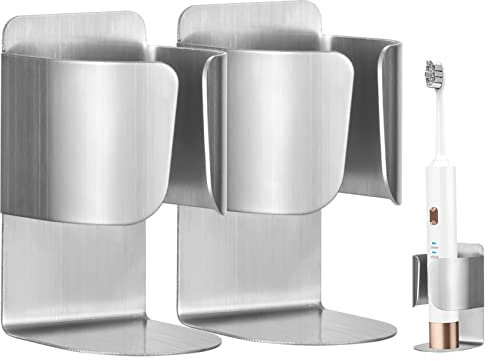Tunejoy Portacepillos de Dientes Eléctrico Montado en la Pared Soporte Cepillo Dientes de Acero Inoxidable Organizador para Limpiador de Baño Pasta de Dientes 2 Piezas Plateado