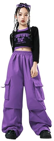 LOLANTA Ragazze Hip Hop Outfit, Top Corto Stampato & Pantaloni Cargo Dance Set, Streetwear alla Moda, Viola, 11-12 anni, 160