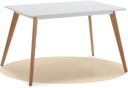 Dekohome Mesa Comedor, Mesas de Cocina Estilo Nórdico, Diseño Resistente, Duradero y Ligero, Tablero MDF Blanco Mate, Patas de Madera de Haya, 120 x 80 x 75 cm