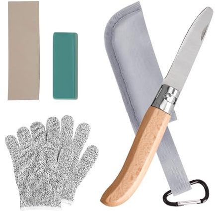 VEGOATY Juego de cuchillos infantiles de, navaja plegable para exteriores con mango de madera, cuchillo para tallar para niños a partir de 6 años, incluye guantes resistentes a los cortes