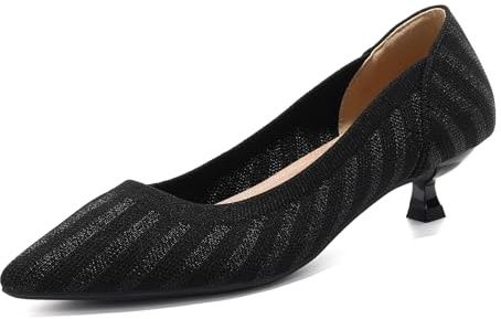 YCALCP Women's Knit Pumps Pointed Toe Kitten Heels Comfortable Slip on Pumps for Women Casual Wedding Dressy Court Shoes, 5 UK Black