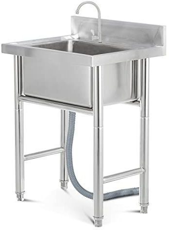 Lavello da cucina autoportante in acciaio inossidabile 304 con scolapiatti singolo e rubinetto, lavello per bar/ristorante, 60 x 60 x 90 cm