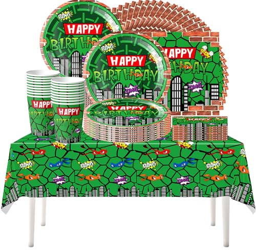 61pièces Ensemble de vaisselle pour fête d'anniversaire pour enfants Green Turtle, fête d'anniversaire pour garçons Superhero Turtle Shell, tasses, assiettes, serviettes, convient pour 20 invités