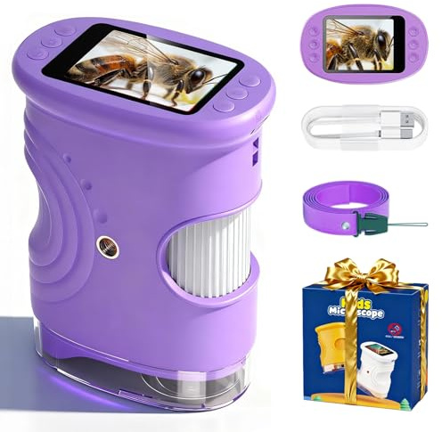 Microscopio per Bambini, 1000X Microscopio Digitale Elettronico Portatile, Schermo IPS 2.0'', 8 luci LED Regolabili, Regalo Bambino