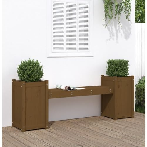BARULUOAKLIFE Panchina da Esterno in Legno di Pino Massello con 2 Fioriere Integrate, Design 2 in 1 per Giardino e Patio, Colore Marrone Ambra, Capacità 110 kg, Dimensioni 180x36x63 cm,