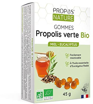 Gommes de Propolis Verte Bio - Miel & Eucalyptus - 45g - Maux de gorge - Certifié Agriculture biologique - Fabrication Française - Huile essentielle d'Eucalyptus Bio - PROPOS'NATURE