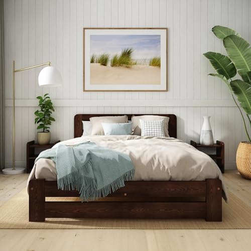 Nodax Double Bed Frame 4ft6 – Solid Pine Wooden Bed Frame for Adults, F1 Easy Assemble Bed with Sturdy Slats & Extra Four Supportive Legs, Comfortable Bedroom Furniture | (Walnut)