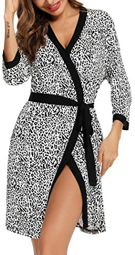 Samring - Accappatoio da donna, leggero, morbido kimono corto, utilizzabile come vestaglia o pigiama, Nero leopardato., Large