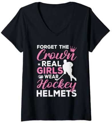Damen Eishockey Mädchen tragen Eishockey-Helme T-Shirt mit V-Ausschnitt
