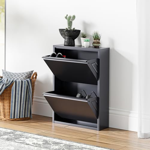 [en.casa] Schuhschrank Sokndal Schuhkipper mit 2 Klappen Metall Schuhkommode für 4 Paar Schuhe 71 x 50 x 15 cm Grau