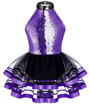 Alvivi Vestito da Danza Classica Bambina Paillettes Tutu Body da Balletto Abito da Ballo Senza Manica Ballerina Jazz Danza Moderna Dancewear Viola 9-10 Anni