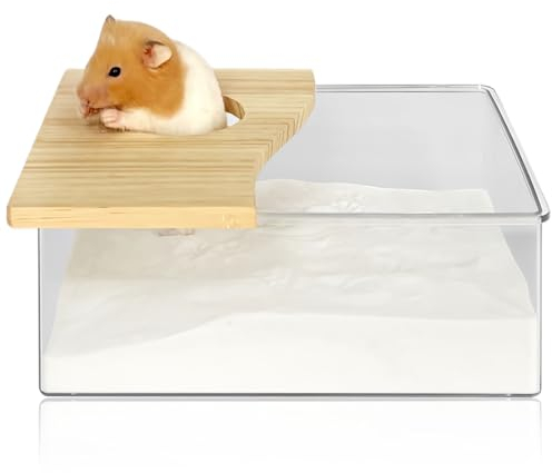HOMURY 1 Stück Hamster Sandbad: Acryl Hamster Badebox, Hamster Zubehör mit Halbabdeckung aus Massivholz, Hamster Toilette für Chinchilla, Goldene Bären, Gerbil(Rechteckig,20x15x8cm)