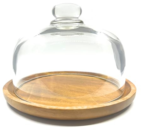 Présentoir à gâteau avec base en bois de 20,3 cm avec dôme en verre, cloche en verre transparent pour dessert, fromage, bonbons, plantes succulentes