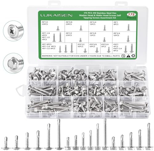 175Pcs Self Drilling Screws Assortment Kit, 410 Stainless Steel Self Tapping Sheet Metal TEK Screws for Metal, Truss & Hex Washer Head #8#10-1/2,5/8,3/4,1,1-1/4,1-1/2