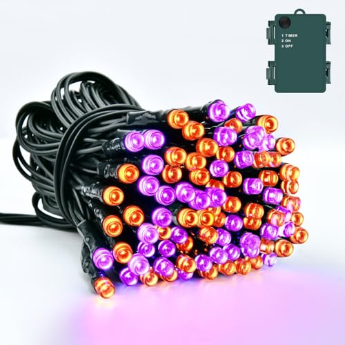 Dalugo Halloween dekoration utomhus, 5 m 50 LED orange lila halloween ljusslinga med timer, IP65 vattentät ljusslinga batteri för inomhus utomhus trädgård fest höst halloween dekoration