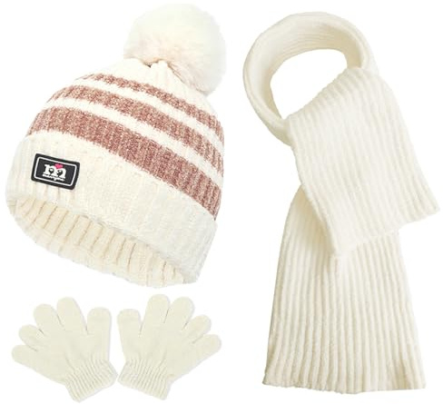 JFAN Cagoule Bébé Fille Garçon Mignon Bonnet Echarpe Gant Hiver Ensemble Set de 3 Pièces Enfant Ensemble Chapeau Hiver Bonnet Tricoté Enfant Chenille 1-5 Ans,Beige