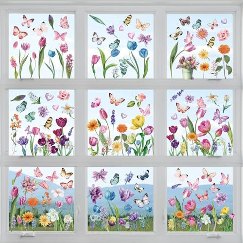 Luxoraiova Fenstersticker Sommer Wildblumen Fenster Aufkleber 9 Bögen Blumen Fensterbilder mit Blüten Motiv Pflanzen Schmetterling Fensterbilder Fensteraufkleber Anti-Kollision Glasaufkleber Glas Deko