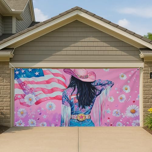 Couverture de porte de garage patriotique occidentale, marguerite rose, grande bannière de garage, décoration d'été intérieure et extérieure, toile de fond de fête 397 x 180 cm