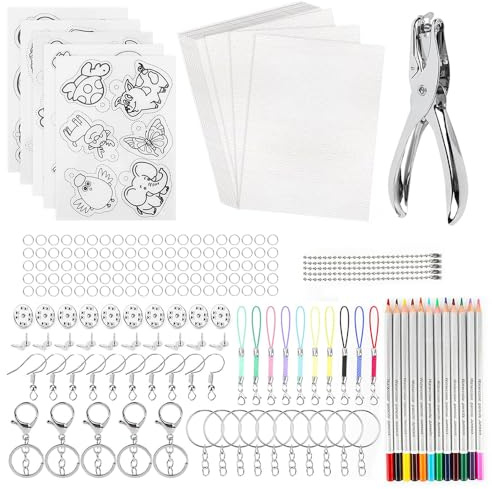 KBIBCK Shrink Plastic Kit, 208PCS Shrink Plastic Set with 20 ShrinkPlastic Sheets & 5 Patterned Sheets, 12 Colored Pencils, DIY Keychain Making Kit for Kids Crafts, Jewelry, DIY Gifts