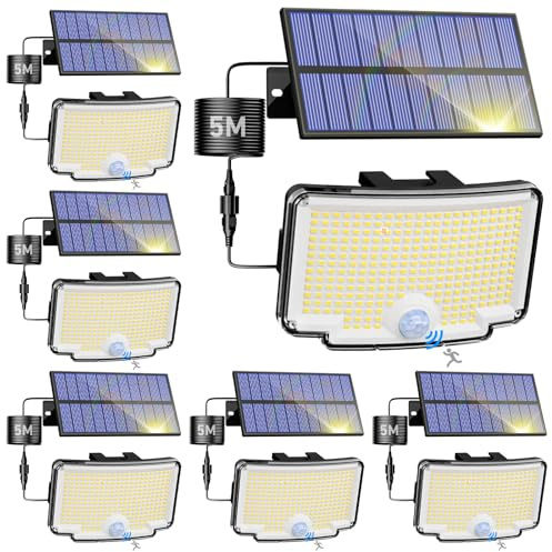 nipify Focos Led Exterior Solares, Luz Solar con Sensor de Movimiento, 318 LEDs/3 Modos, Impermeable Potente Lampara Solar para Jardín, Garajes, Caminos, 6 Paquete Blanco Frío
