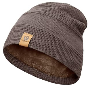 Wikoan Beanie for Men Women Unisex Classic Beanie Thermal Winter with Thick Fleece Lining Knit Wooly Hat, Khaki