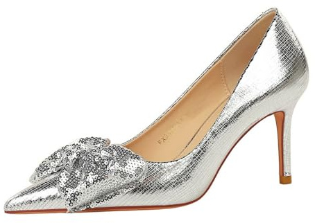 Chaussures pour femme - 7 cm - En cuir - Avec nœud scintillant - Talons hauts - Pour fête, soirée, mariage - Couleur unie, argenté, 40 EU