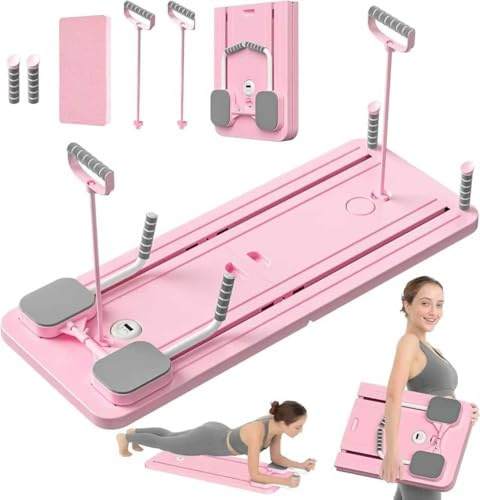 JINPALAY Tabla de Pilates Multifuncional con Bandas de Resistencia, Timer Digital y Accesorios – Plataforma Reformer Plegable para Entrenamiento en Casa – Soporta 200 kg (Rosa)