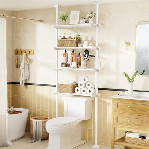 WELDUN Estantería de baño de 4 niveles, estantería de baño sobre el inodoro, ahorra espacio, 49-79 cm de ancho, 122-315 cm de altura, estantería para lavadora, organizador de baño, color blanco