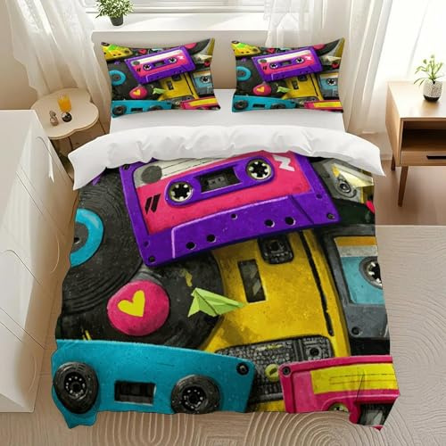 Kjdfhk Cassette Tapes Bedding Comforter Sets Bedding Set 3 Pieces (1 Duvet Cover 2 Pillowcases) with Zipper Closure Lightweight