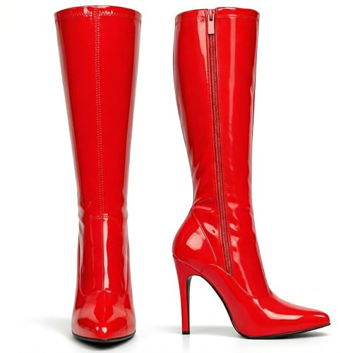 Women’s Knee High Stretch Stiletto Heel Boots Elegant Pointed Toe, Side Zip Sexy Bold Fashion Style Club & Party Wear (Red Patent, 11, UK Footwear Size System, Adult, Women, Numeric, Medium, 11)