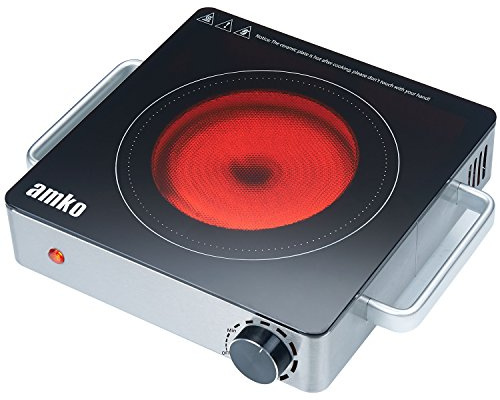 Amko AK-IR15 Stainless Steel Single-Burner Portable Ceramic Infrared Cooktop, Black and Silver