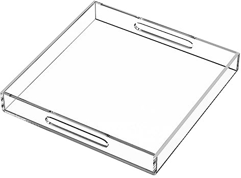 HIIMIEI Acrylic Serving Tray 12x12 Inches / 30x30 CM -Spill Proof- Clear Decorative Tray Organiser for Ottoman Coffee Table Countertop with Handles