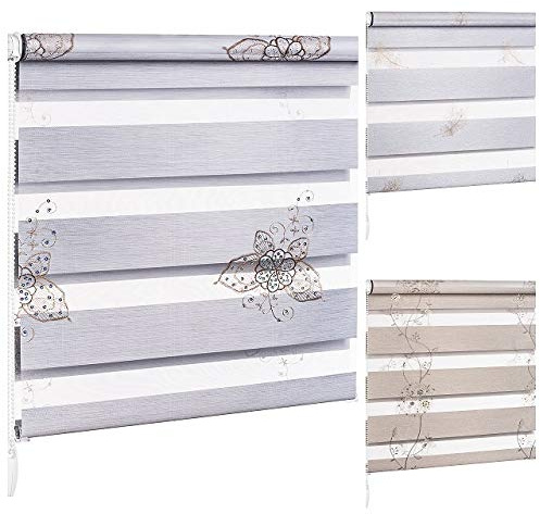 KSHANDEL24 DOPPELROLLO Blumen Schmetterling Feder MIT Pailletten UND GLANZFASER Kupfer GRAU Gold Natur (Schmetterling Grau Kupfer Pailletten BH2612, 90x150 cm)