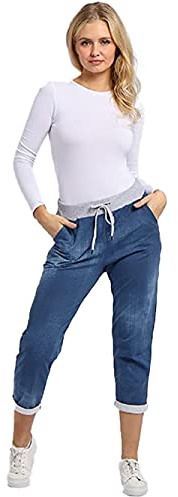 H&F ® Women’s Ladies Denim Jogger Floral, Star Printed Sweatpants Ribbed Waistband Trousers Ladies Causal Summer Jogger Drawstring Italian Gym Running Pants-Size 8-10 12-14(12-14)