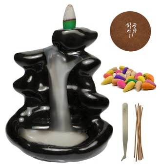 Bruciatore Incenso a Cascata in Ceramica Fatto a Mano | Kit 20 Coni Naturali + 25 Bastoncini | Esperienza Sensoriale Zen per Arredo, Meditazione, Yoga | Profumatore Decorativo per Casa e Ufficio