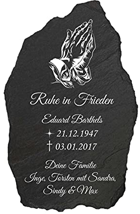 Schieferei – personalisierte Schiefer Grabtafel als Gedenktafel oder Grabschmuck – Schieferplatte mit Name, Trauerspruch uvm. selbst gestalten – Handmade in Germany (20 x 13 cm | Motiv: Betende Hände)