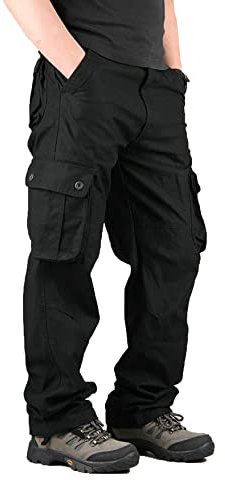 Yageshark Herren Cargohose aus Baumwolle mit 6 Taschen, Regular Fit Hose Outdoorhose Freizeithose Wanderhose Trekkinghose (Schwarz, 34)