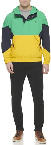 Tommy Hilfiger Chaqueta cortavientos Taslan ligera con capucha para hombre, estilo retro, resistente al agua, Verde aguamarina/azul marino/amarillo, M