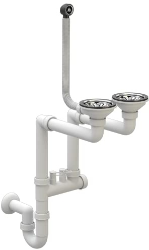 Platzsparendes Küchenspülen Siphon - Küchenspülenablauf - Set mit Anschluss Geschirrspülmaschine - ø 115 mm/3,5 Zoll - Ablaufgarnitur für 2 Becken - Chrom - Klassisch - Granitan