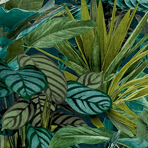 Grandeco Painted Leaves Tropical Vista Wallpaper, Green Teal