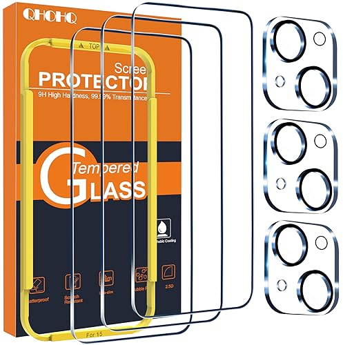 QHOHQ 3 Piezas Protector Pantalla para iPhone 15 [6,1 Pulgada] con 3 Piezas Protector Camara, Cristal Templado, Dureza 9H, Ultra Transparente, Anti Arañazos, Sin Burbujas