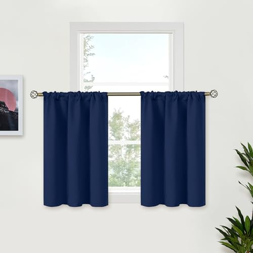 BGment Small Window Curtains 36 Inch Length - Half Drapes with Rod Pocket Darkening Privacy for RV Cafe Kitchen Windows Over Sinik, Navy Blue, 2 Panels, 29 x 36 Inch