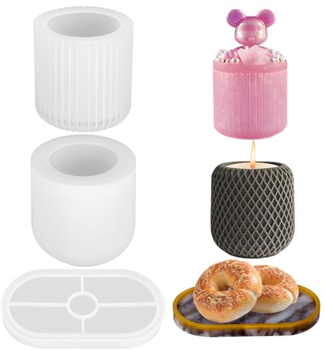 Juego de 3 Piezas Moldes de Silicona para Tarros de Velas, Moldes Resina Epoxi Cilíndricos DIY, Moldes para Velas con Bandeja para Portavelas, Tarros de Almacenaje, Floreros, Tazas